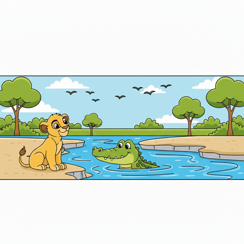 Lion cub drinking with crocodile coloring page printable