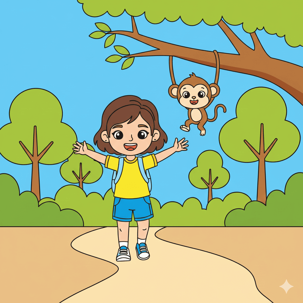 Girl nature walk with birds coloring page