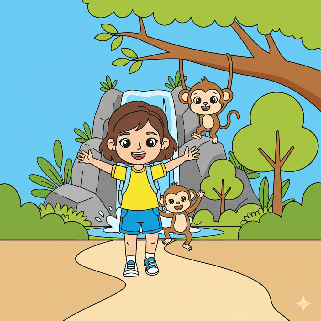 Girl at waterfall nature coloring page