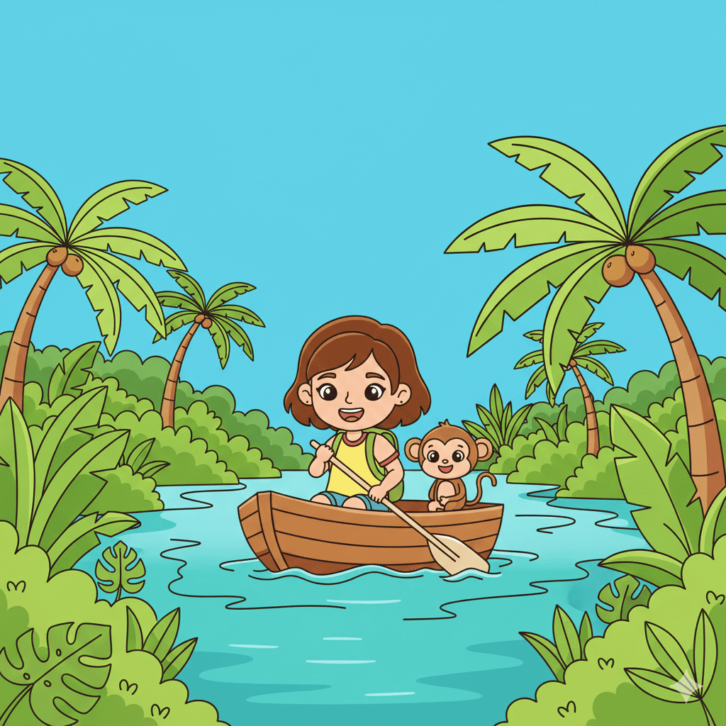 Kids boat ride to tropical island coloring page