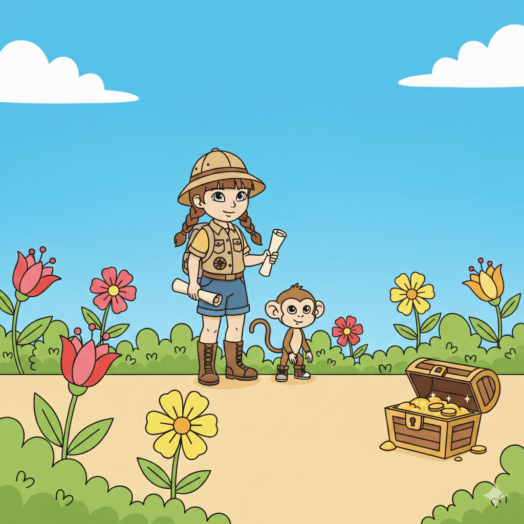 Kids flower garden exploration coloring page