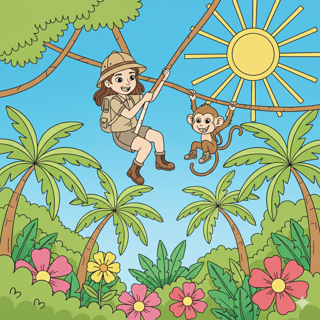 Kids jungle swing adventure coloring page