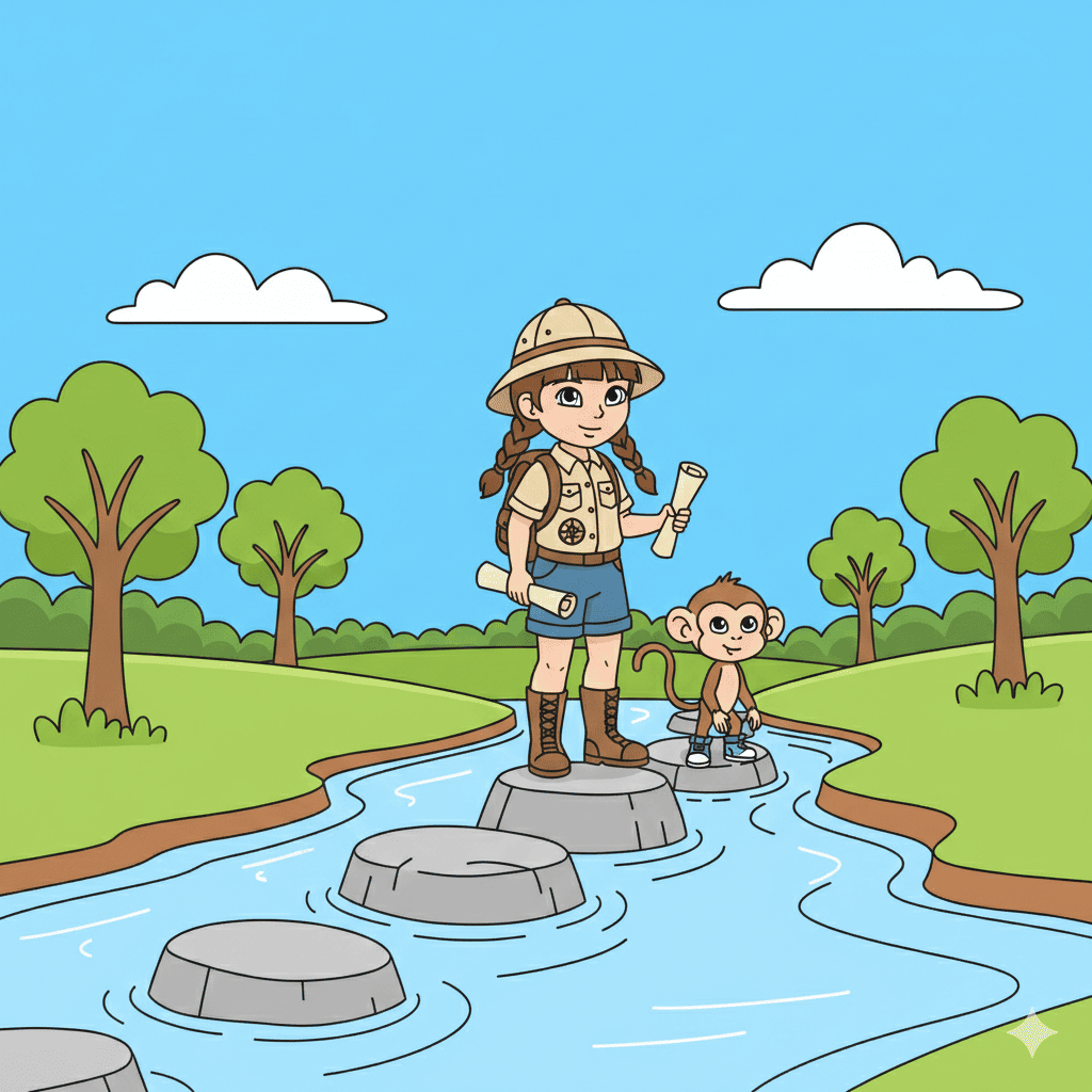 Kids river crossing adventure coloring page