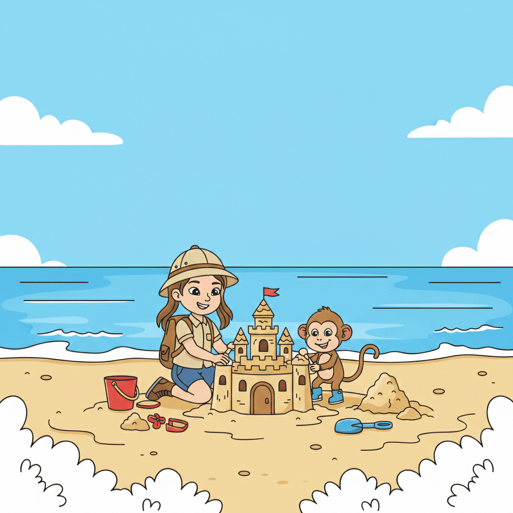 Kids building sandcastle at beach coloring page