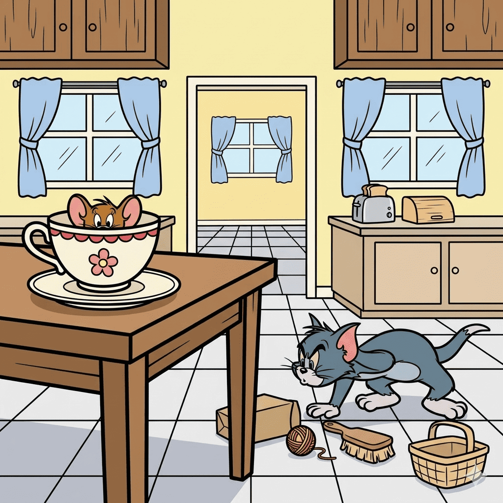 Jerry hiding in teacup Tom searching kitchen coloring page