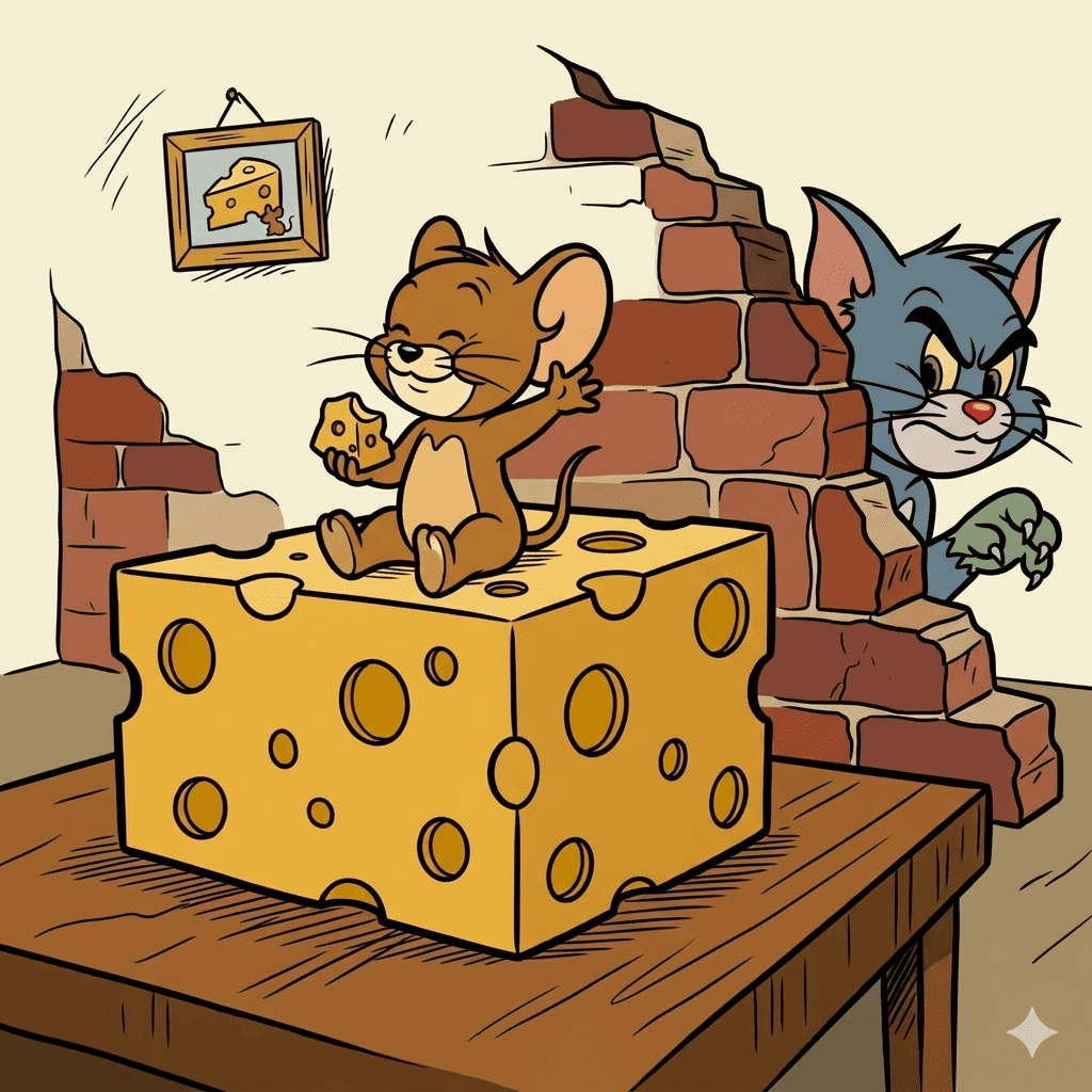 Jerry sitting on cheese Tom peeking coloring page