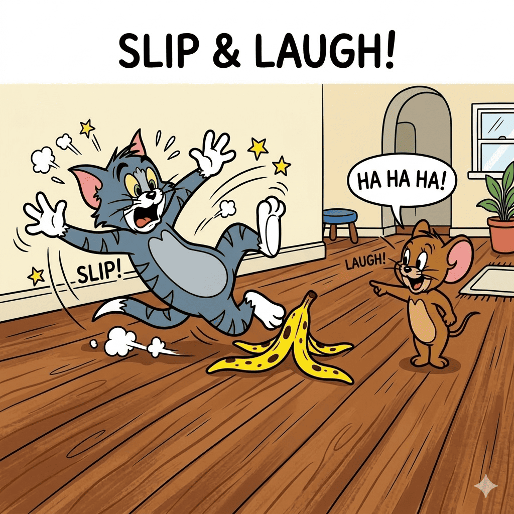 Tom slipping banana peel Jerry laughing coloring page