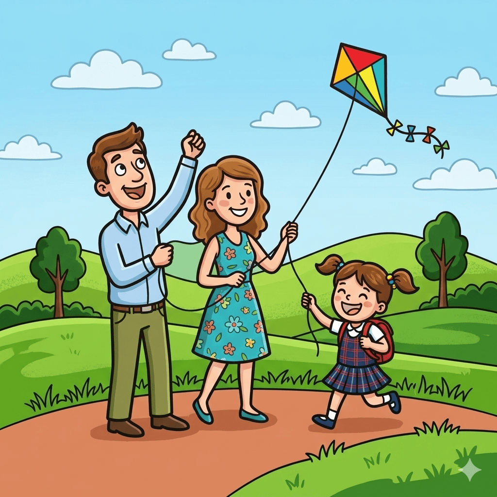 Family with daughter coloring pages — flying kite together