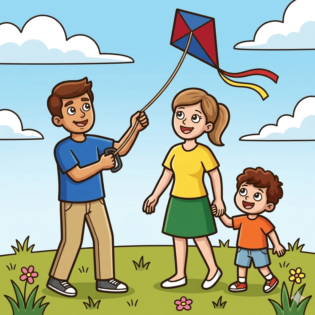 Family with son coloring pages — flying kite together