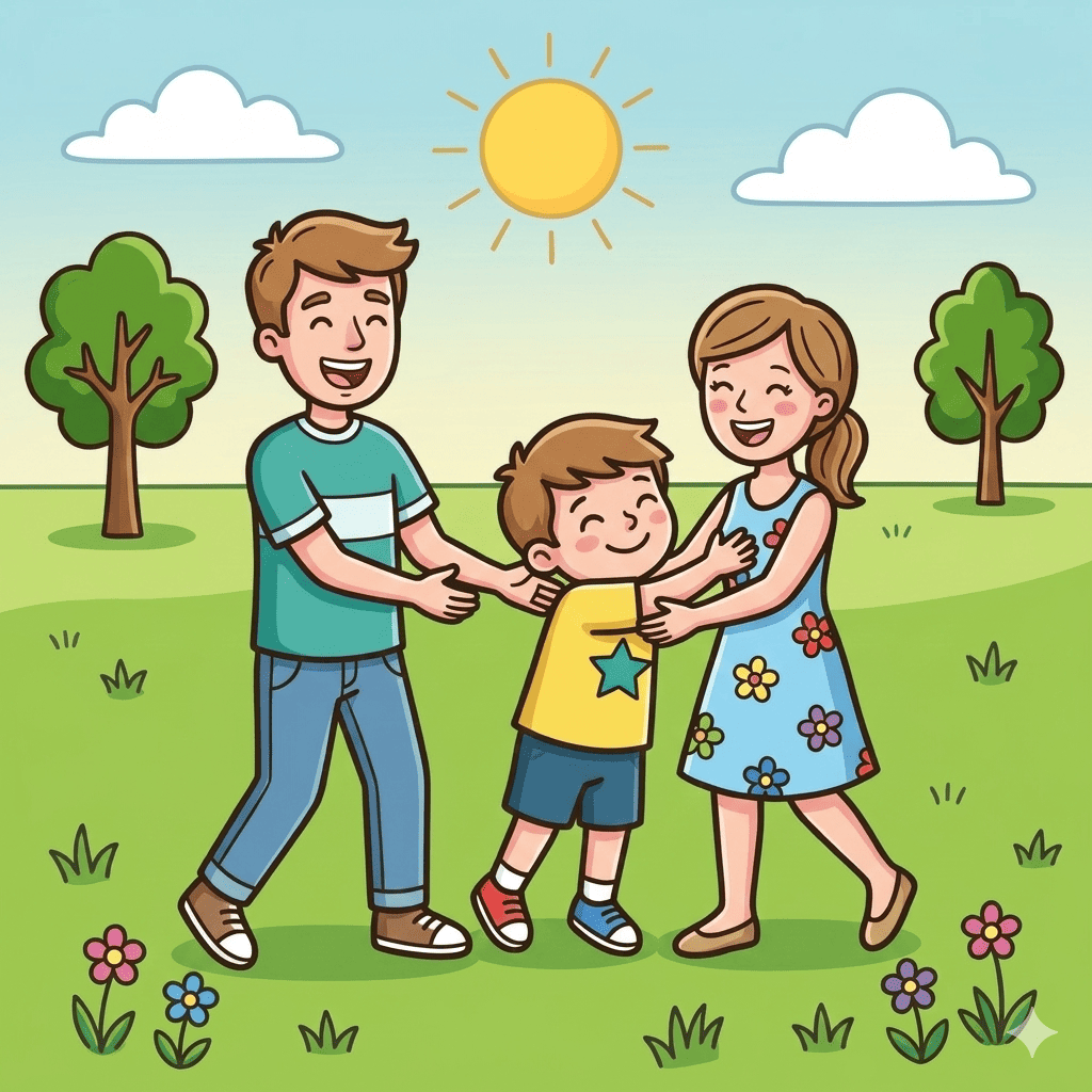 Family hug with son coloring page – free printable