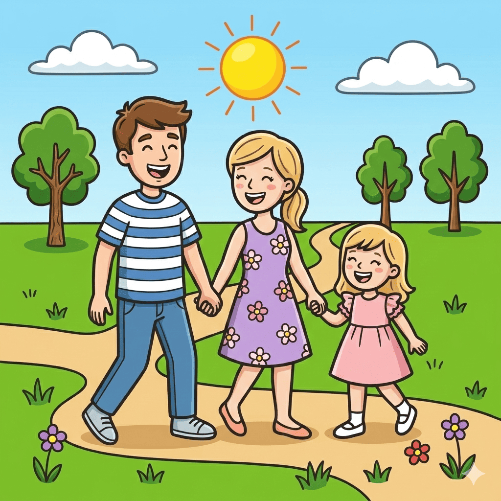 Family walking with daughter coloring page – free printable