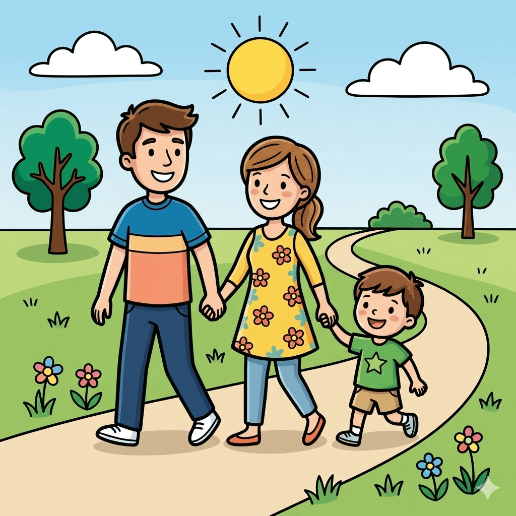 Family walking with son coloring page – free printable