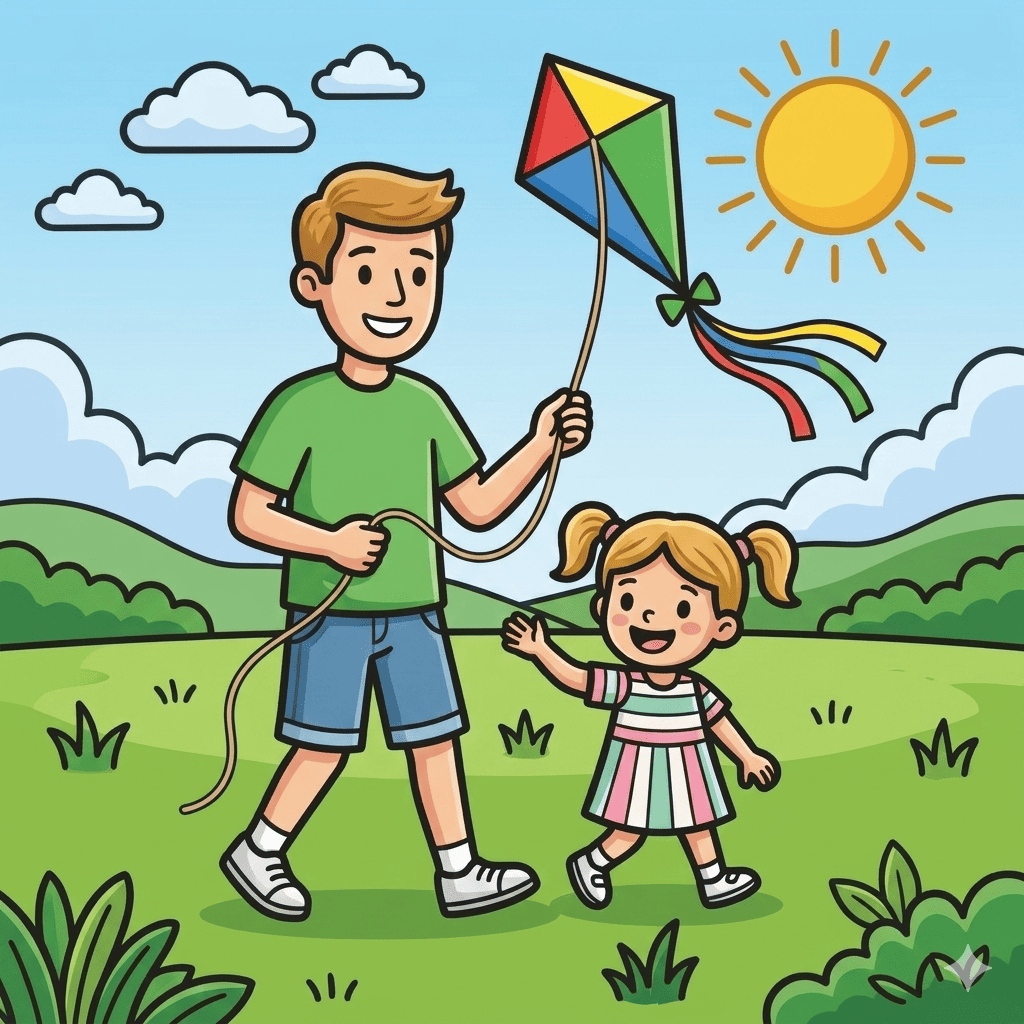 Father and daughter coloring pages — flying kite together