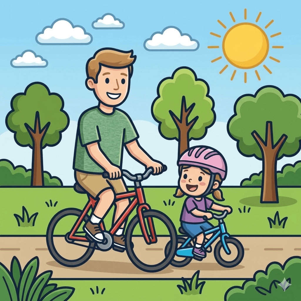 Father teaching daughter to ride bicycle coloring page – free printable