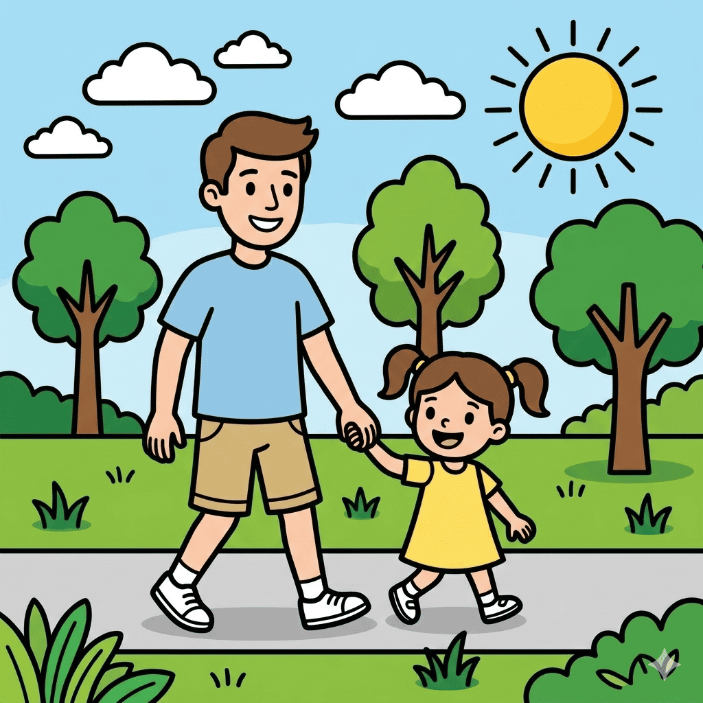 Father and daughter walking in park holding hands coloring page – free printable