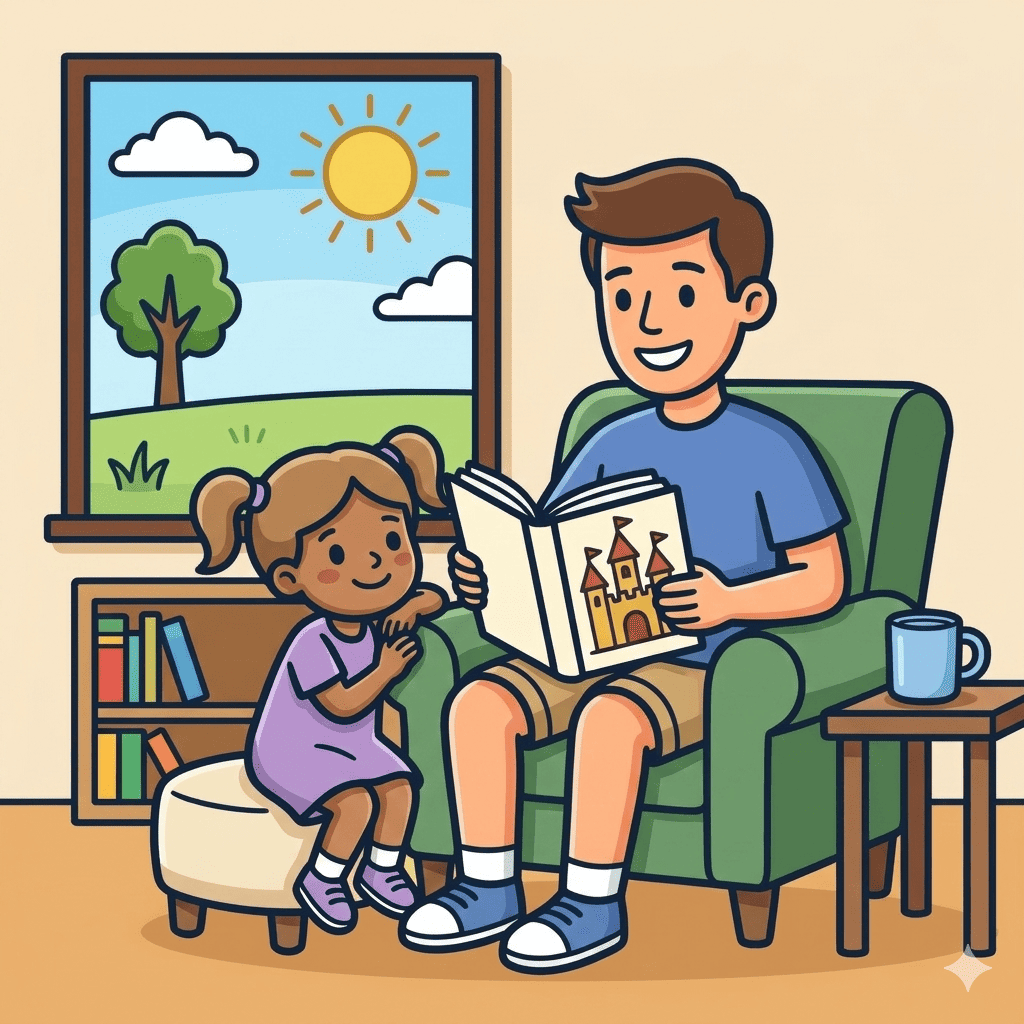 Father reading bedtime story to daughter coloring page – free printable