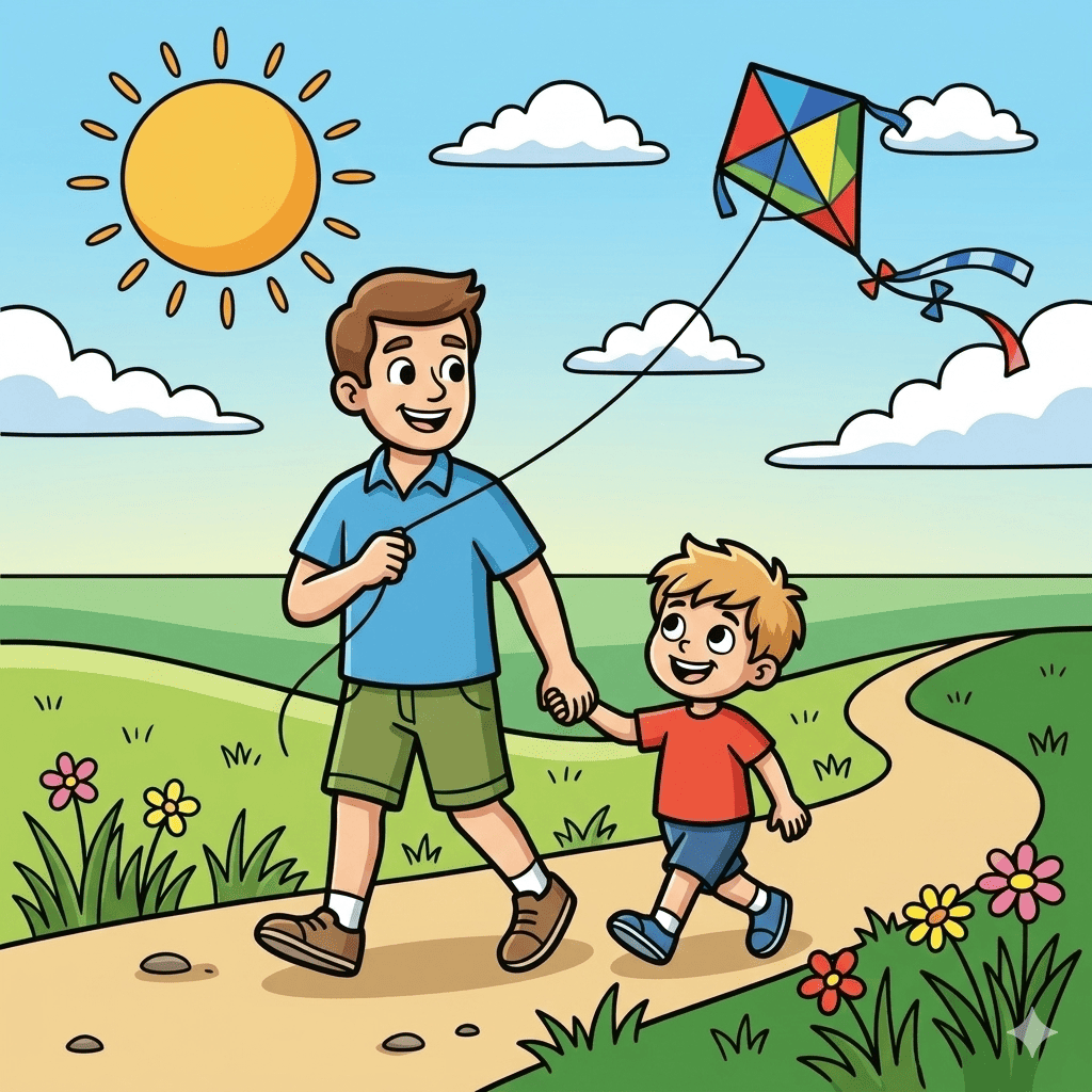 Father and son coloring pages — flying kite together