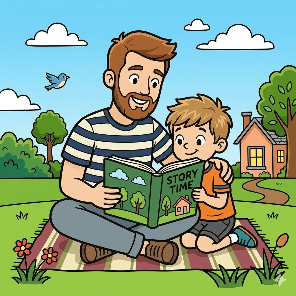 Father reading book to son coloring page – free printable