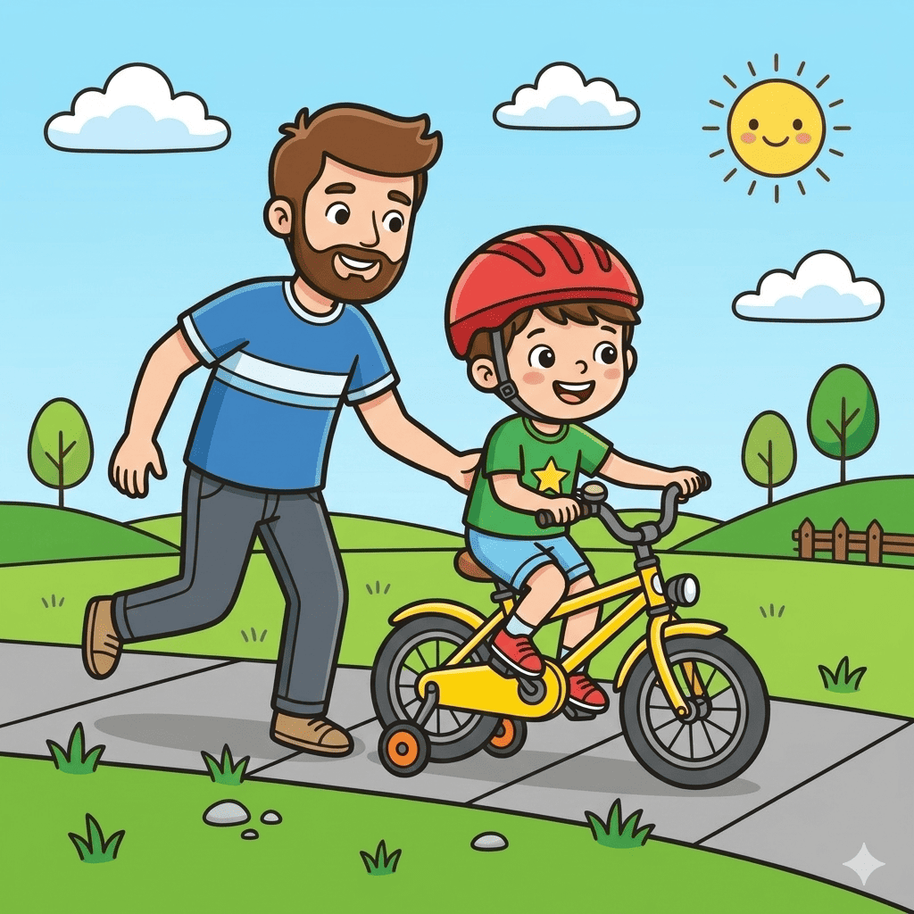 Father teaching son to ride bicycle coloring page – free printable