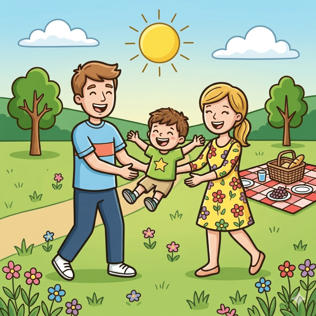 Parents playing with son coloring page – free printable