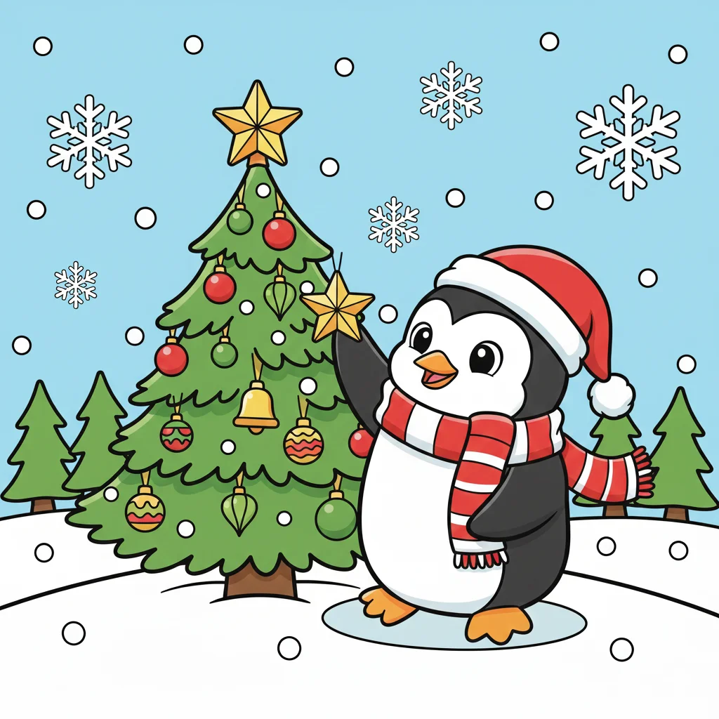 Christmas Penguin Decorating Christmas Tree Coloring Page
