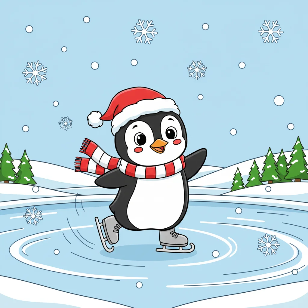 Christmas Penguin Ice Skating Coloring Page