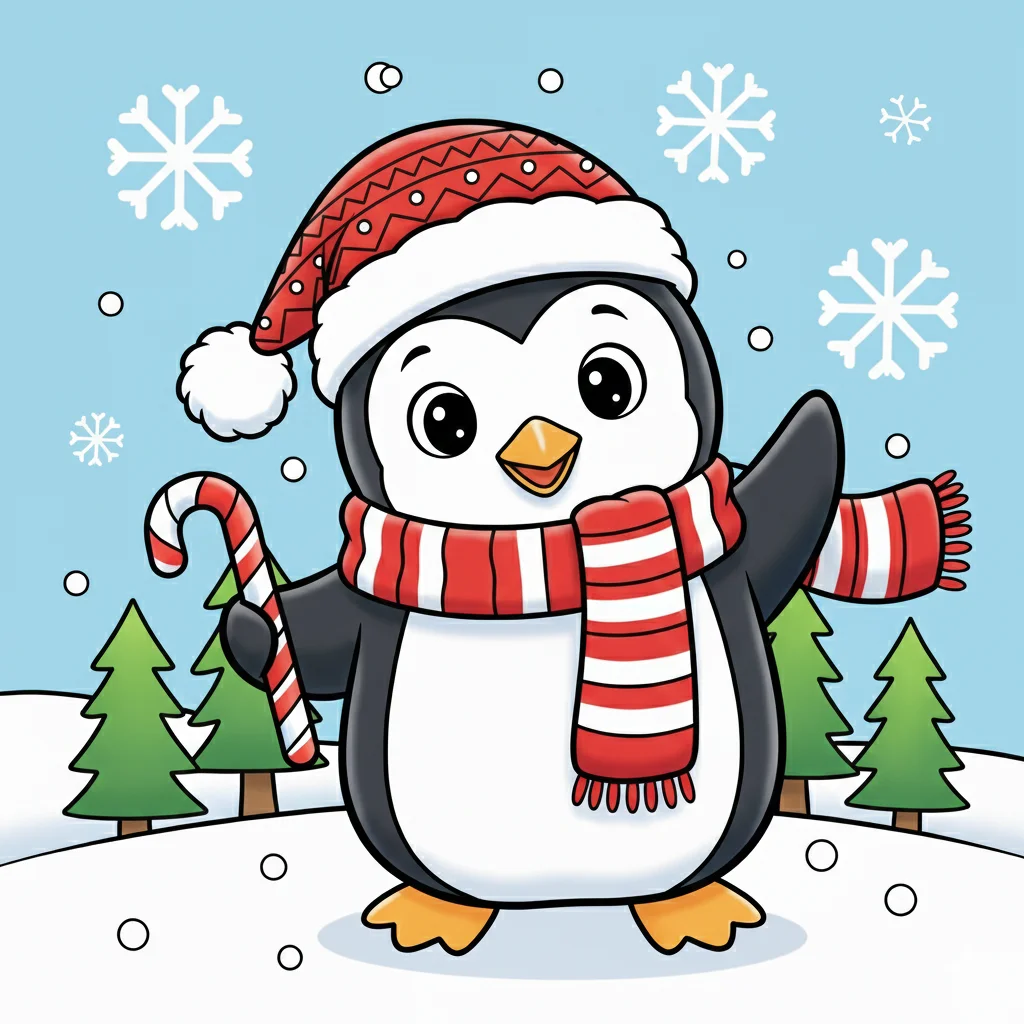 Christmas Penguin with Gift Coloring Page