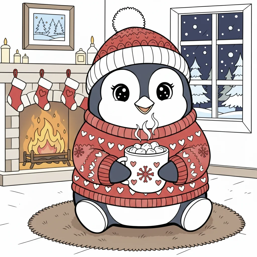 Christmas Penguin with Hot Chocolate Coloring Page