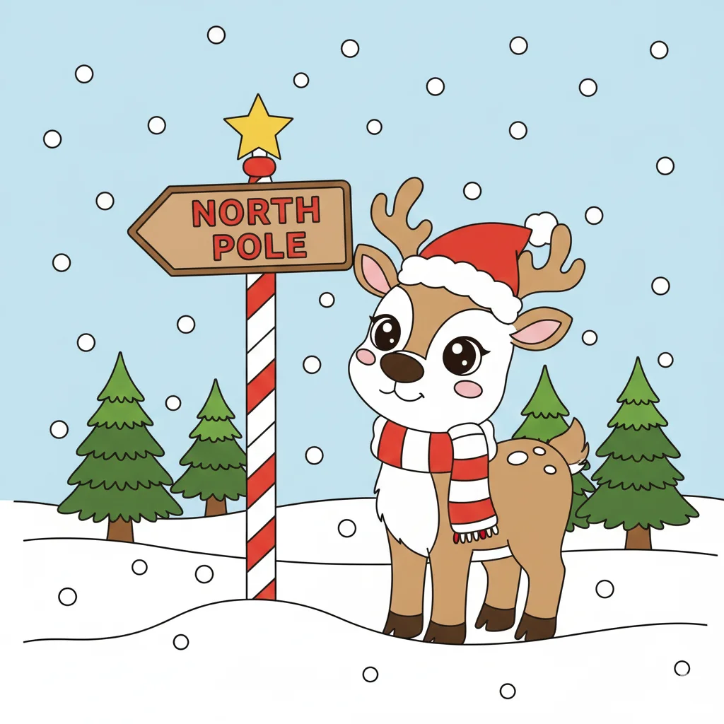 Christmas Reindeer at North Pole Coloring Page