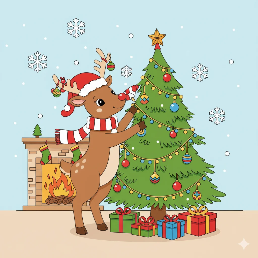 Reindeer Decorating Christmas Tree Coloring Page