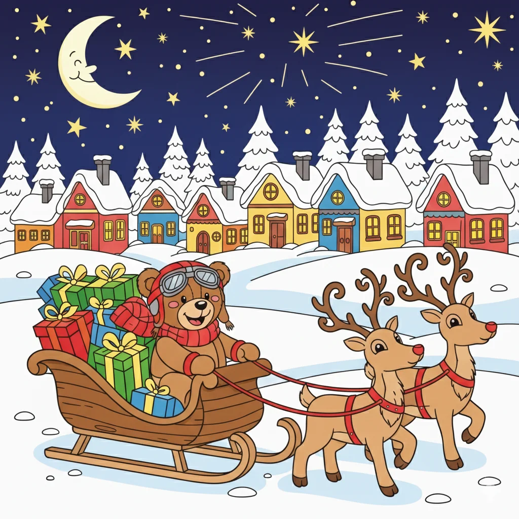 Christmas Teddy Bear Riding Sleigh Coloring Page