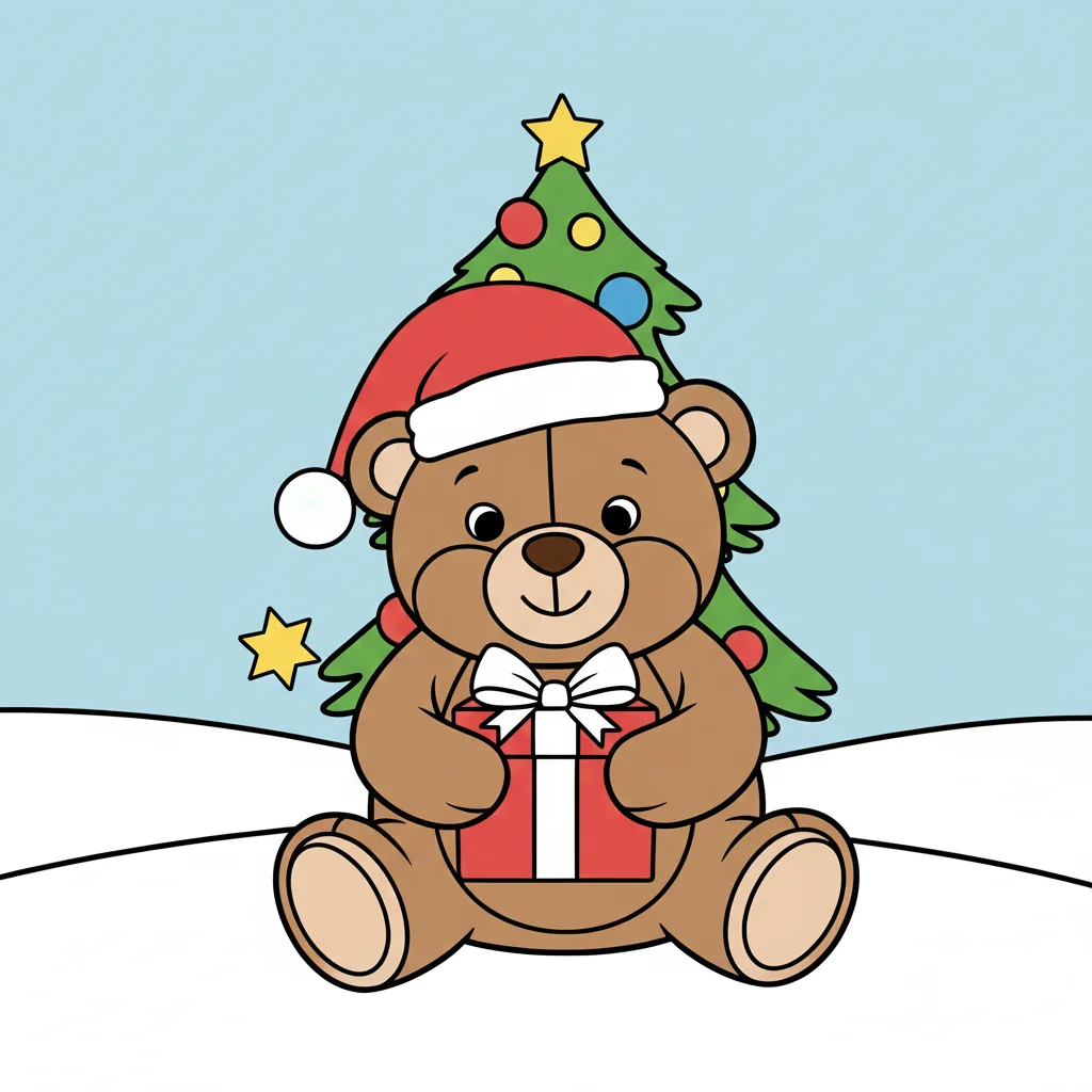 Christmas Teddy Bear with Gift Coloring Page
