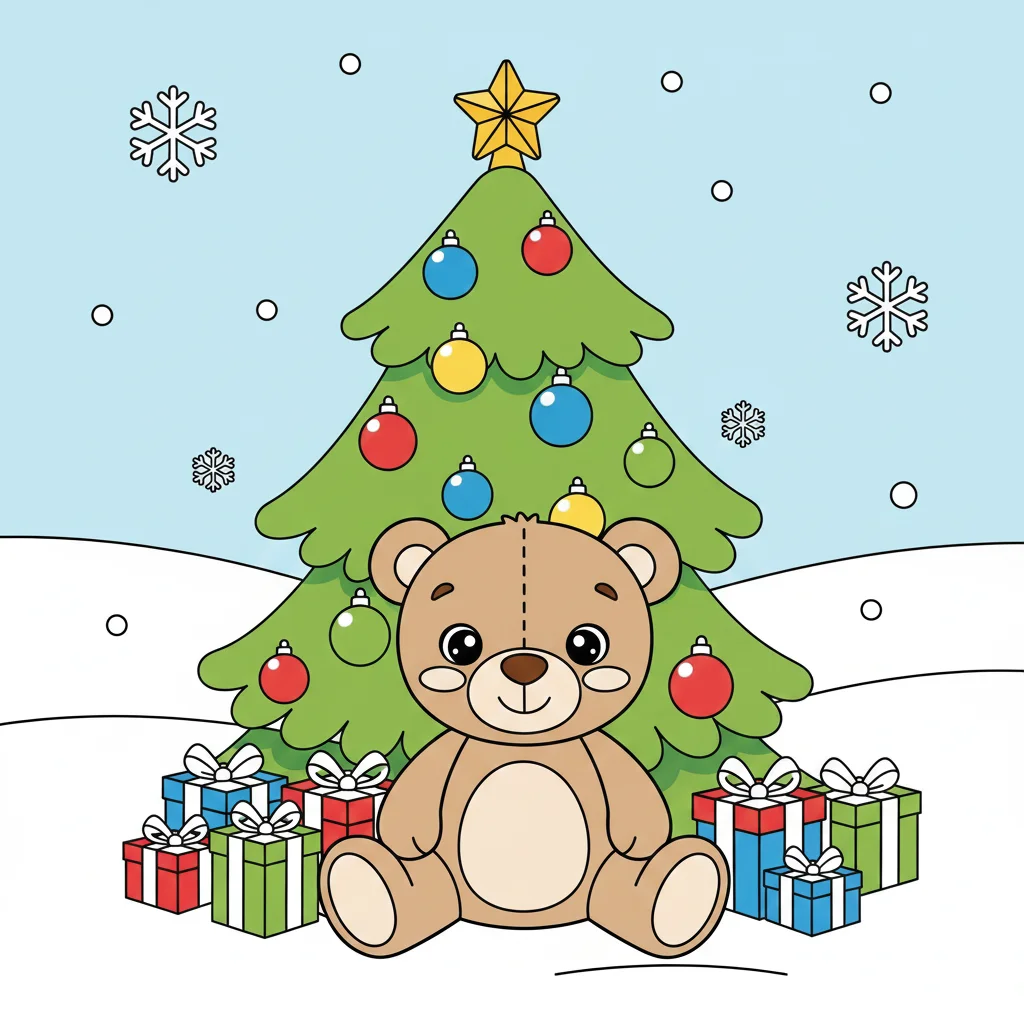 Teddy Bear Under Christmas Tree Coloring Page