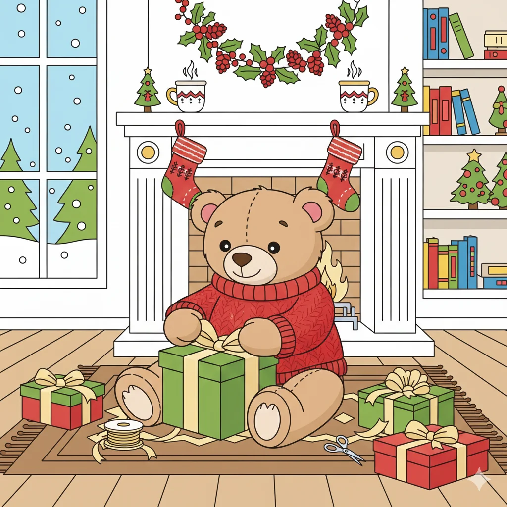 Teddy Bear Wrapping Christmas Gifts Coloring Page