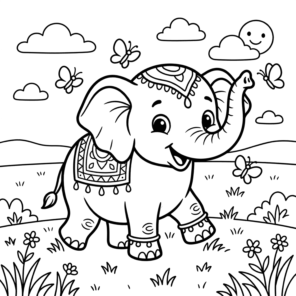 Playful elephant coloring sheet for preschool and kindergarten
