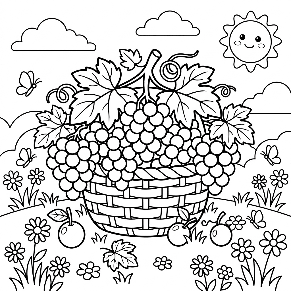 Basket full of grapes coloring page printable for kids