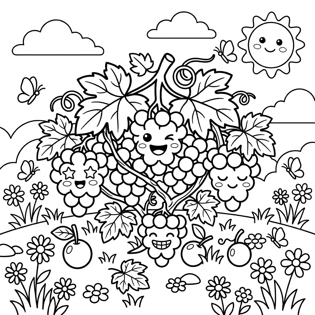Grape family coloring page with big and small grape bunches for kids