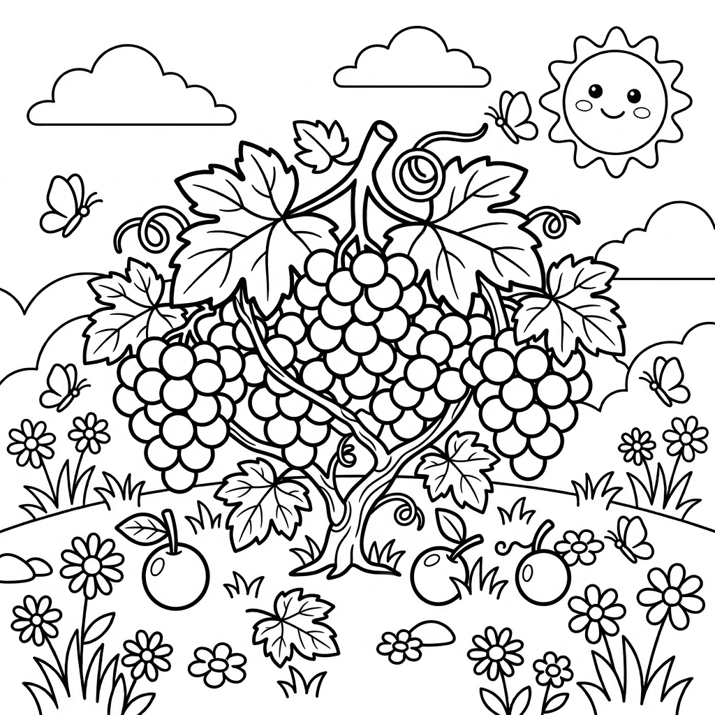Grape garden coloring page with vines and leaves for kids