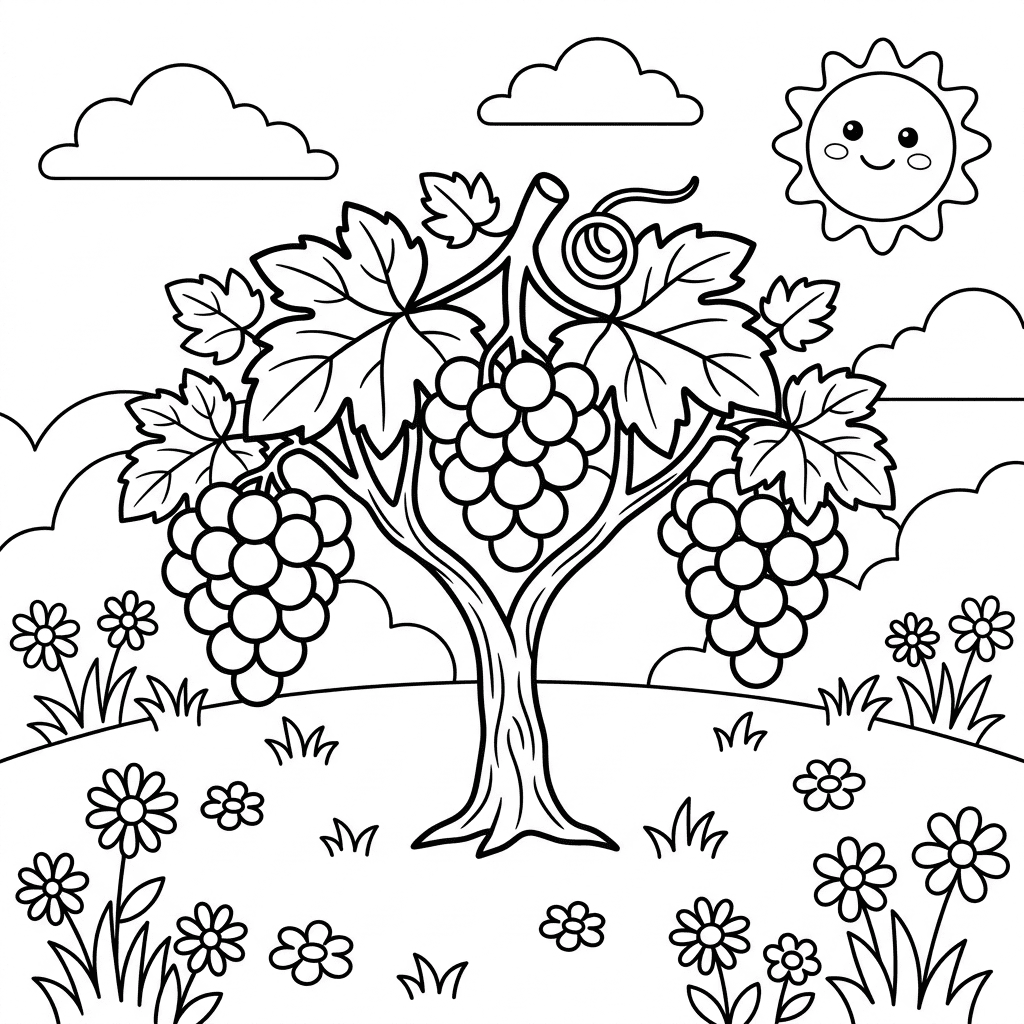 Grape vine coloring page with hanging grape bunches and leaves for kids