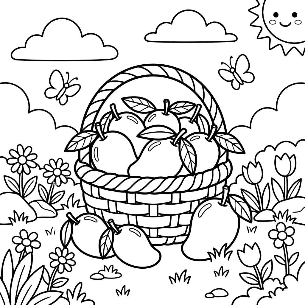Basket full of mangoes coloring page printable for kids