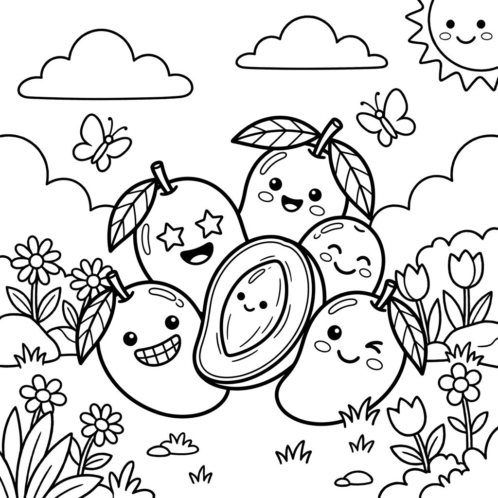 Mango family coloring page with big and small mangoes for kids