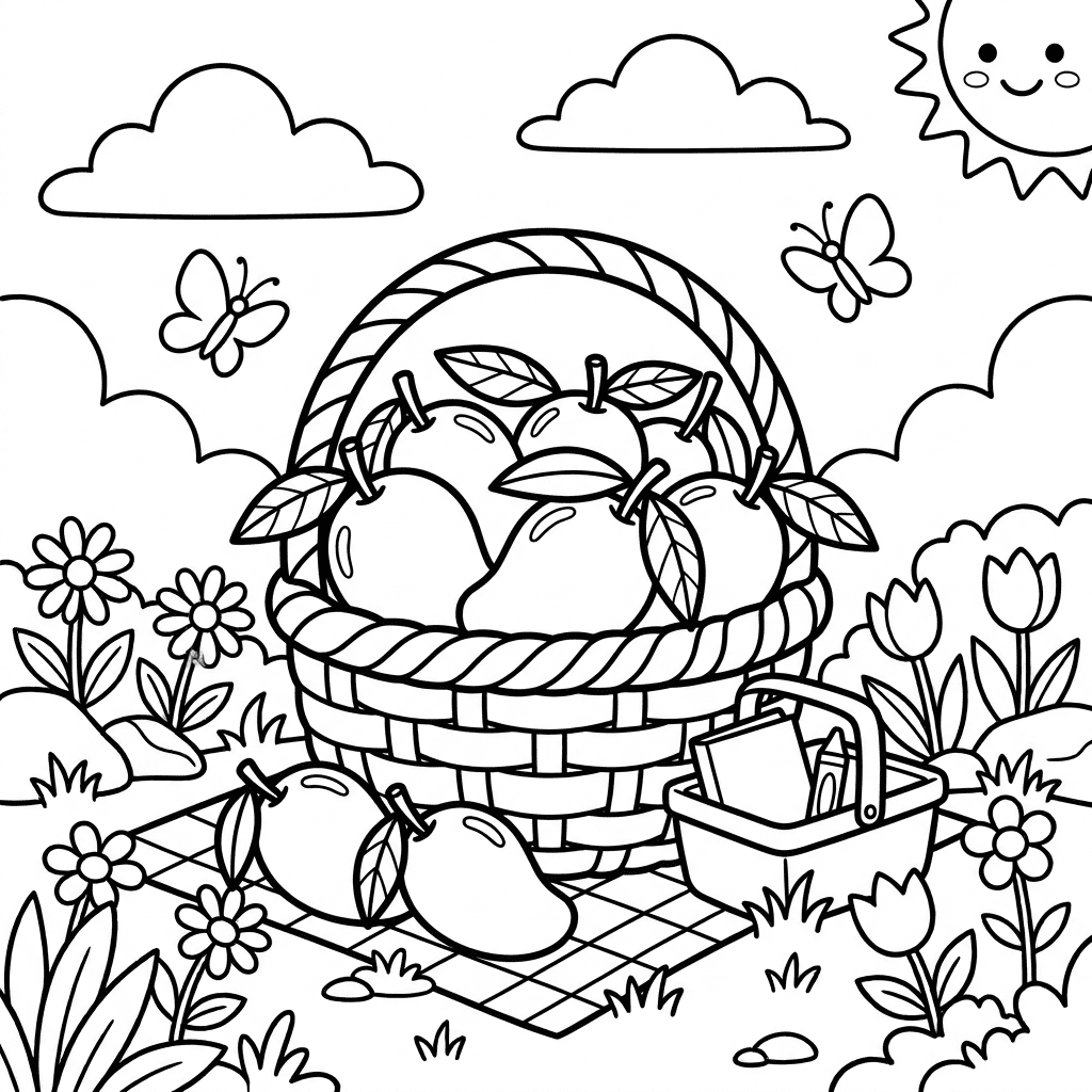 Mango picnic coloring page with fruit and a picnic blanket for kids