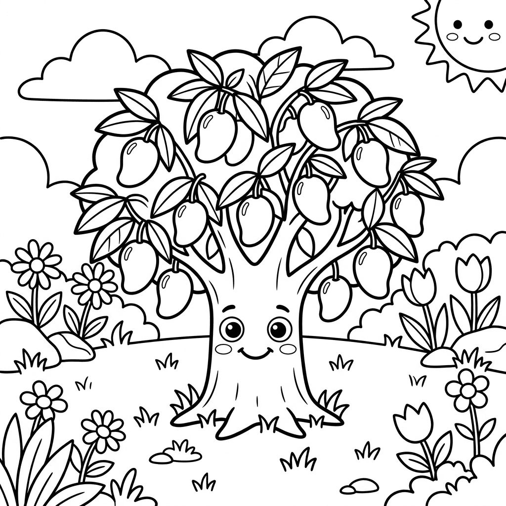 Mango tree coloring page with hanging mangoes and leaves for kids