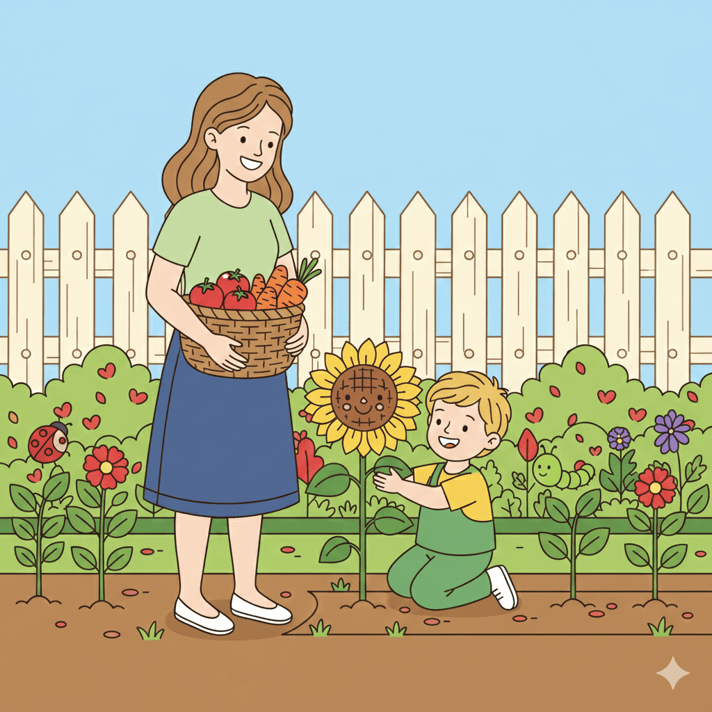 Child playing under tree in garden coloring page