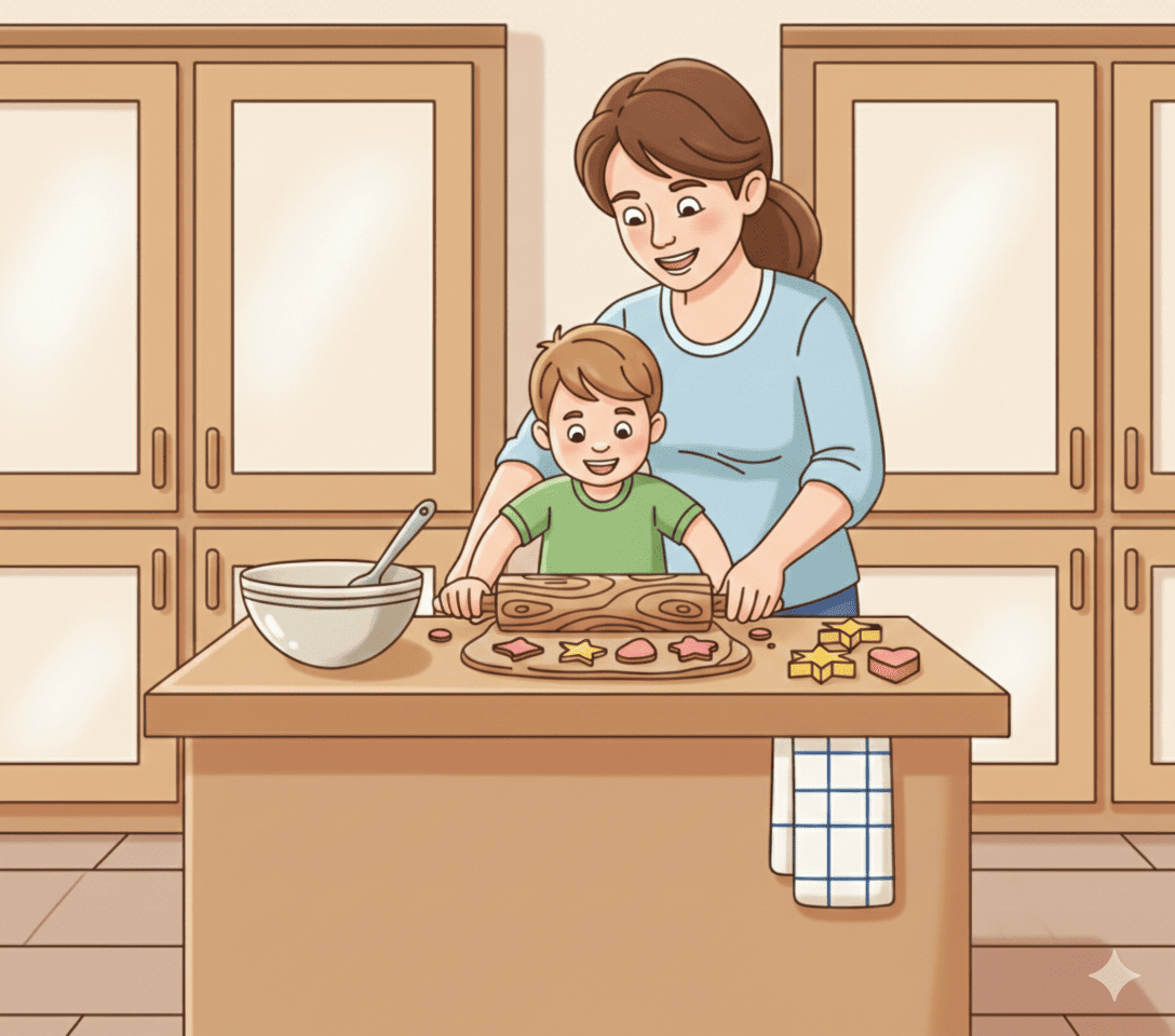 Mother child baking kitchen coloring page