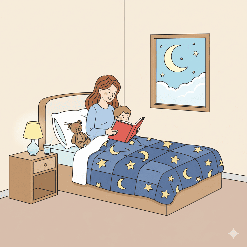 Mother reading to child in bedroom coloring page