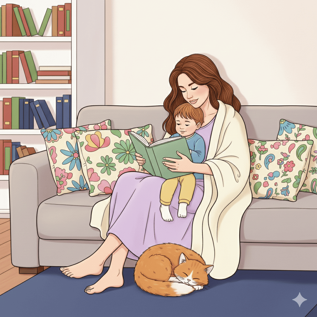 Mother reading to child in living room coloring page