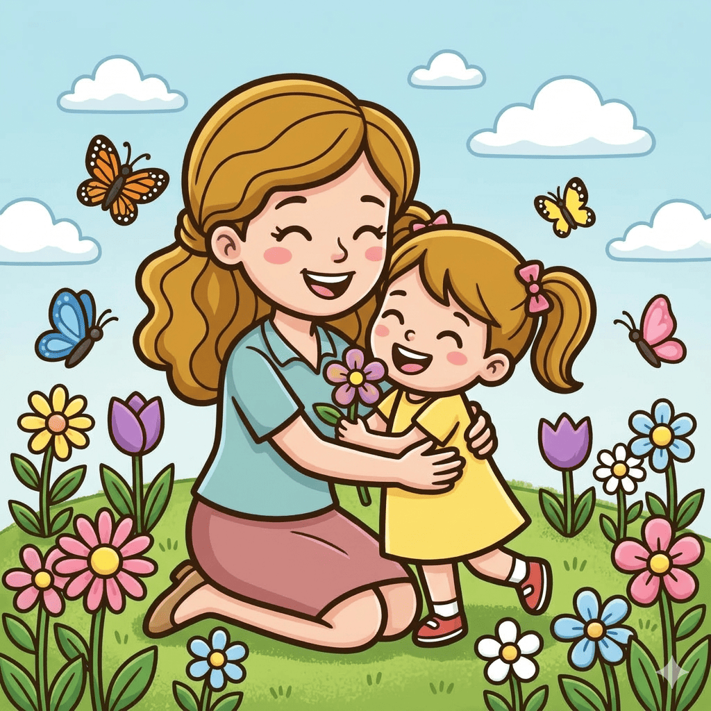 Mother daughter hug in flower garden coloring page