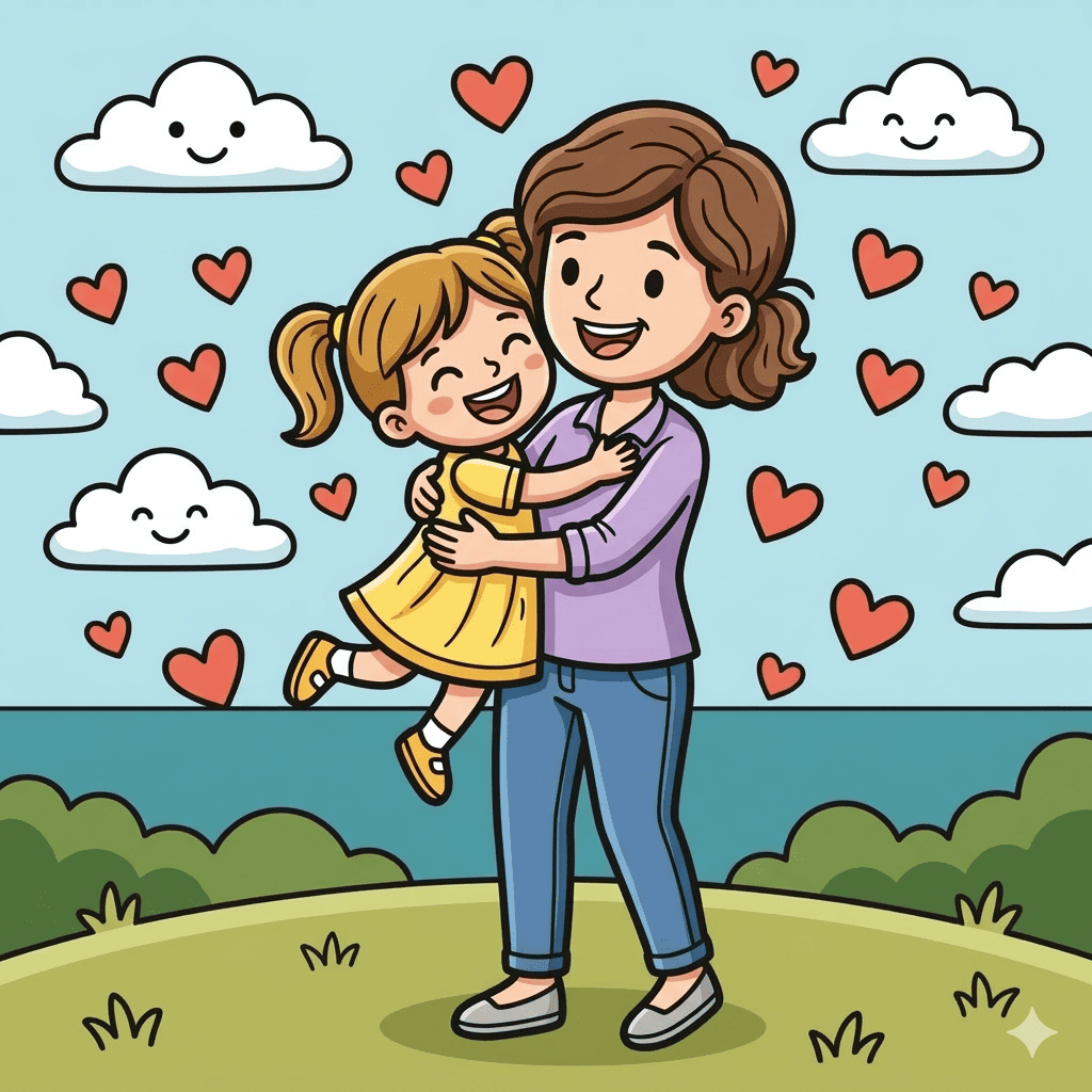 Mother lifting daughter hug coloring page