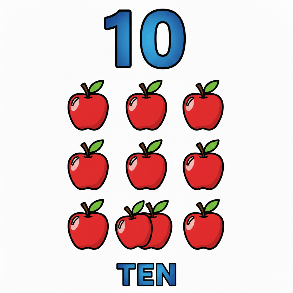 Printable Number 10 coloring page with ten apples